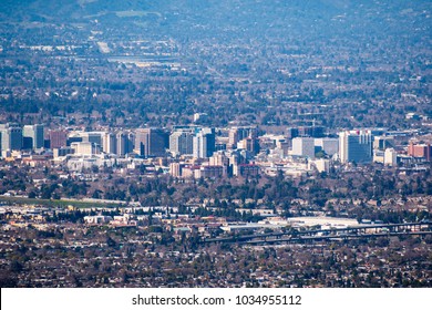 Aerial view of the buildings in downtown San Jose on a clear day; Silicon Valley, California