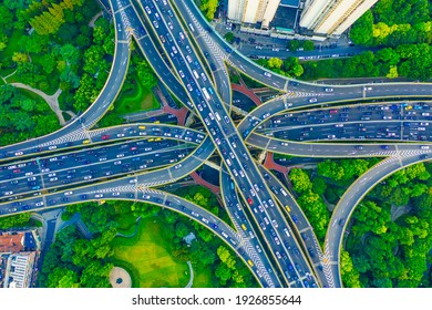 Aerial View Of Buildings And Highway Interchange In Shanghai,China.