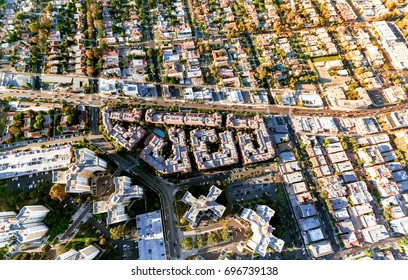 Aerial view of buildings on near Wilshire Blvd in Westwood, Los Angeles, CA