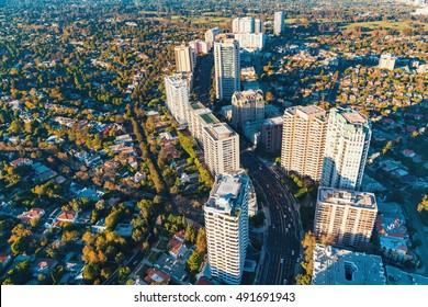 Aerial view of buildings on Wilshire Blvd in Westwood, Los Angeles, CA