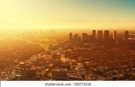 Aerial view of buildings on Wilshire Blvd in Westwood, Los Angeles, CA