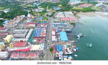 An Aerial View Of Buildings And Sea Of Lahad Datu, Sabah. Borneo. Lahad Datu District In Capital Of The Tawau Division, Sabah. The Town Is Surrounded By Stretches Of Cocoa And Palm Oil Plantations.