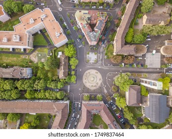 Aerial View Of Buildings And Urban Cityscape With Streets In Overhead View. Beautiful Roof Of Urban Housing. Zurich City In Switzerland In Europe From Above.