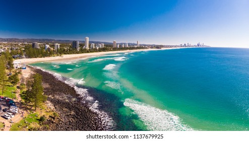 Aerial view of Burleigh Heads - a famous surfing beach suburb on the Gold Coast, Queensland, Australia