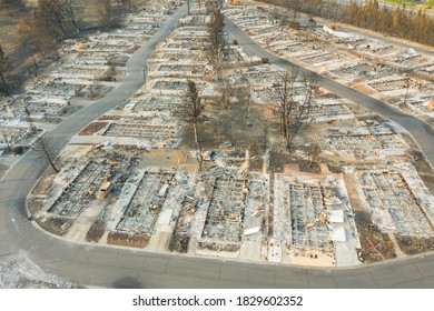 Aerial View Of A Burned Down Community And Vehicles From The 2020 Almeda Forest Fire In Southern Oregon, USA