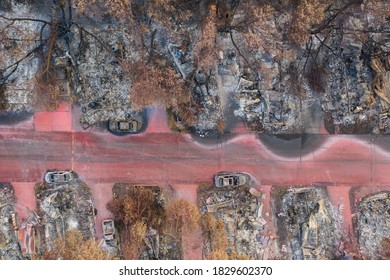 Aerial View Of A Burned Down Community And Vehicles From The 2020 Almeda Forest Fire In Southern Oregon, USA