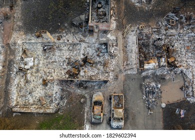 Aerial view of a burned down community and vehicles from the 2020 Almeda forest fire in Southern Oregon, USA