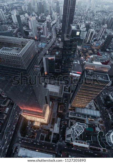 aerial view of business area in Nangjing Rd,\
Shanghai, China, at dusk