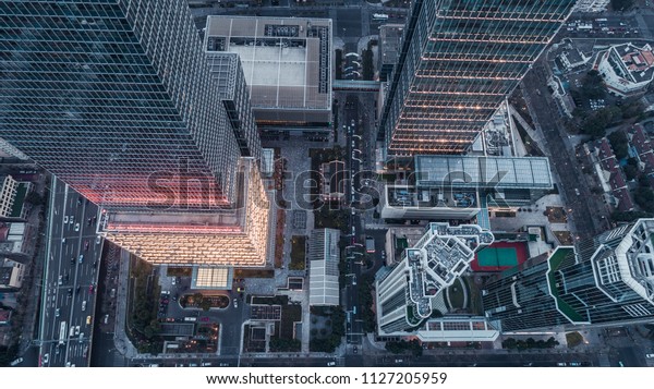 aerial view of business area in Nangjing Rd,\
Shanghai, China, at dusk