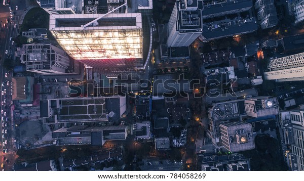 aerial view of business area in Nangjing Rd,\
Shanghai, China, at\
night