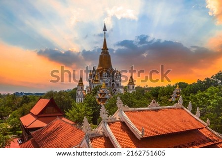 Aerial view of Buu Long Pagoda in Ho Chi Minh City. A beautiful buddhist temple hidden away in Ho Chi Minh City at Vietnam. A mixed architecture of India, Myanmar, Thailand, Laos, and Viet Nam