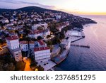 Aerial view of Buyukada (Princes Islands) in Istanbul at sunset. Istanbul, Turkey. Buyukada is the largest of the Princes Islands. Drone shot.
