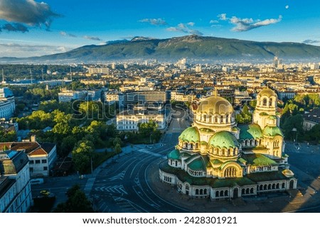Aerial view by drone, alexander nevsky russian orthodox cathedral, sofia, bulgaria, europe