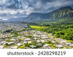 Aerial view by drone of kailua town, oahu island, hawaii, united states of america, north america