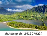 Aerial view by drone of kaneohe bay, oahu island, hawaii, united states of america, north america