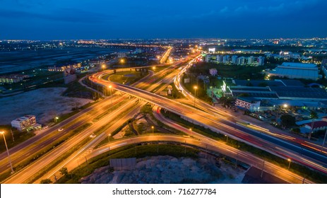 The aerial view by drone of roads in twilight time at Amata citty, Thailand
