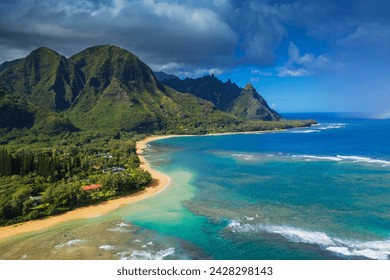 Aerial view by drone of tunnels beach, haena state park, kauai island, hawaii, united states of america, north america - Powered by Shutterstock