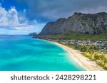 Aerial view by drone, waimanalo beach, oahu island, hawaii, united states of america, north america