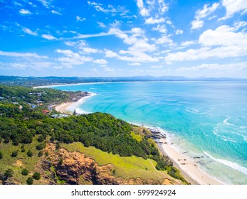 An aerial view of the Byron Bay coastline on Australia's east coast. Byron Bay is a popular tourist destination for travelers from all over the world. 