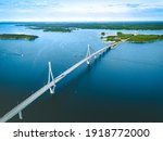 Aerial view of cable-stayed Replot Bridge, suspension bridge in Replotvägen, Korsholm, Finland