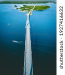 Aerial view of cable-stayed Replot Bridge, suspension bridge in Replotvägen, Korsholm, Finland