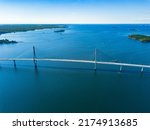 Aerial view of cable-stayed Replot Bridge, suspension bridge in Replotvägen, Korsholm, Finland