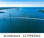 Aerial view of cable-stayed Replot Bridge, suspension bridge in Replotvägen, Korsholm, Finland