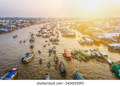 Aerial view of Cai Rang floating market, Mekong delta, Can Tho, Vietnam. Same Damnoen Saduak of Thailand and Martapura of Indonesia.