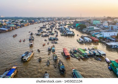 Aerial view of Cai Rang floating market, Mekong delta, Can Tho, Vietnam. Same Damnoen Saduak of Thailand and Martapura of Indonesia.