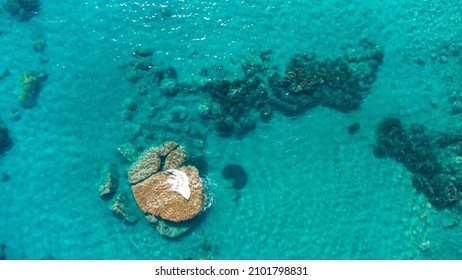 Aerial view of calm turquoise sea water and underwater rocks from drone. Waves on stones in the middle of the sea. - Shutterstock ID 2101798831