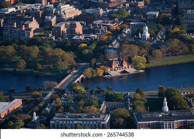 AERIAL VIEW of Cambridge and Anderson Memorial Bridge leading to Weld Boathouse, Harvard on Charles River, Cambridge, Boston, MA 