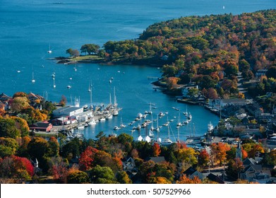 Aerial View Of Camden, Harbor Maine With Fall Foliage