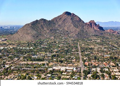 Aerial view of Camelback Mountain from Scottsdale, Arizona looking west up Jackrabbit Road