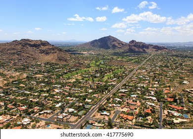 Aerial View Of Camelback And Mummy Mountains From Paradise Valley, Arizona