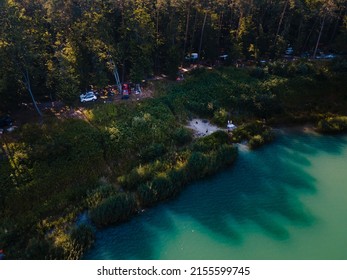 Aerial View Of Camp Site Near Lake In Forest Copy Space