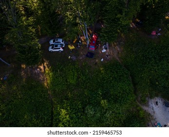 Aerial View Of Camp Site Near Lake In Forest Copy Space