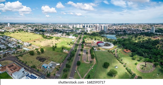 Aerial view of Campo Grande MS, Brazil - Highs of Afonso Pena avenue. Aerial view of a growing city with some buildings and a huge green area. Green city. 