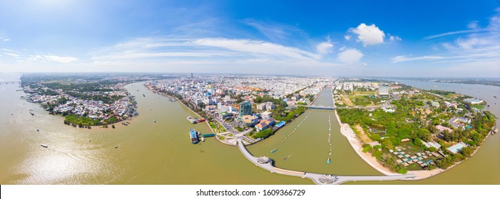 Aerial View Can Tho City Skyline From Above, Mekong River Delta, South Vietnam. Famous Tourism Destination Floating Markets. Clear Blue Sky.