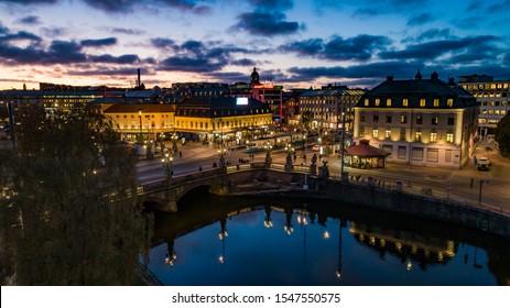 Aerial view at the canal and Square named "Kungsportsplatsen" in central Gothenburg, Sweden. 