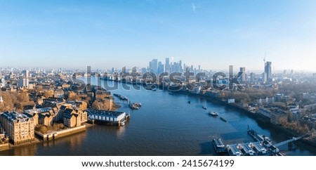 Aerial view of the Canary Wharf business district in London. Panoramia of the skyscrapers in London.