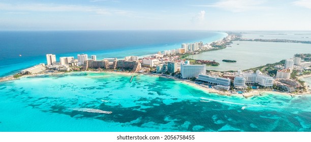 Aerial View Of Cancun Beach In Mexico. Caribbean Coast Landscape On Yucatan Peninsula