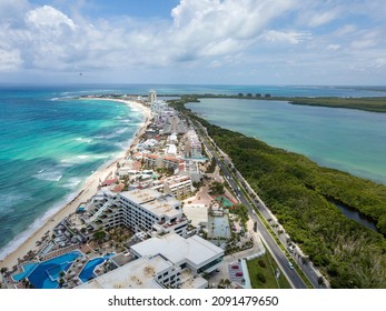 Aerial View Of Cancun Hotel Zone In Mexico