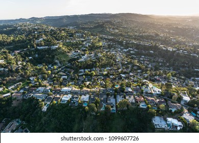 Aerial View Of Canyon And Hillside Homes Above Beverly Hills And West Hollywood In Los Angeles California.  