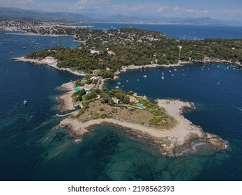 Aerial View Of Cap D'Antibes And  Billionaire's Bay. Beautiful Rocky Beach Near Coastal Path On The Cap D'Antibes, Antibes, France. Drone View From Above Of Côte D’Azur Near Juan-les-Pins And Cannes.