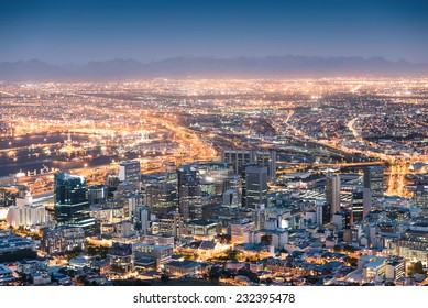 Aerial view of Cape Town from Signal Hill after sunset during the blue hour - South Africa modern city with spectacular nightscape panorama