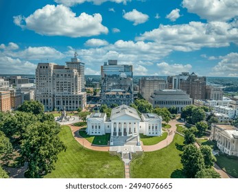 Aerial view of capitol square in Richmond with Virginia state capital, executive mansion, department of agriculture, old city hall, skyline