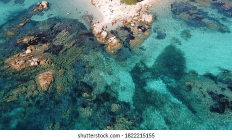 Aerial view of Capriccioli beach with his turquoise sea watercolor, Emerald coast, Sardinia - Shutterstock ID 1822215155