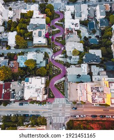 Aerial View Captured By A Drone Of Lombard Street In San Francisco. Red Curvy Road.