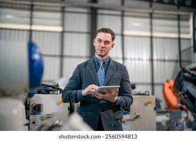 An aerial view captures a professional assessing industrial equipment while using a tablet in a modern facility. The environment showcases advanced machinery and organized workspaces. - Powered by Shutterstock