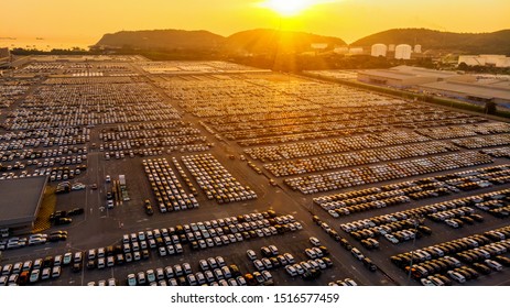 Aerial View  Lot Of Car Automotive For Import And Export Shipping To Dealership At Car Depot .